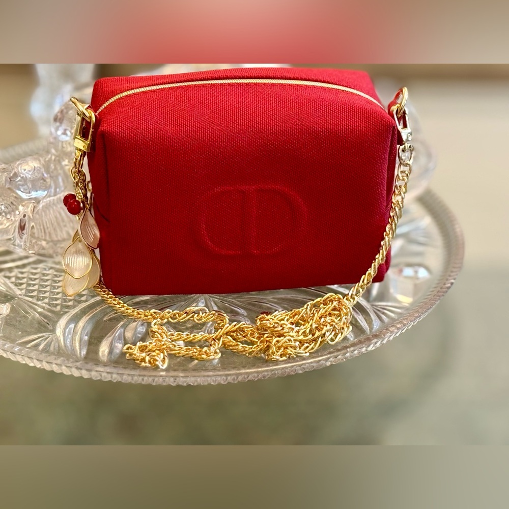 With Charm ;Dior Vibrant Red Canvas Cosmetic Sling with rich gold chain - Picture 10 of 17